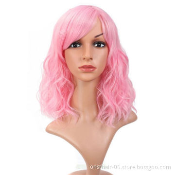 MYZYR high quality heat-resistant synthetic pink wig 16 inches, fluffy wavy bangs wig, synthetic wig supplier (pink)